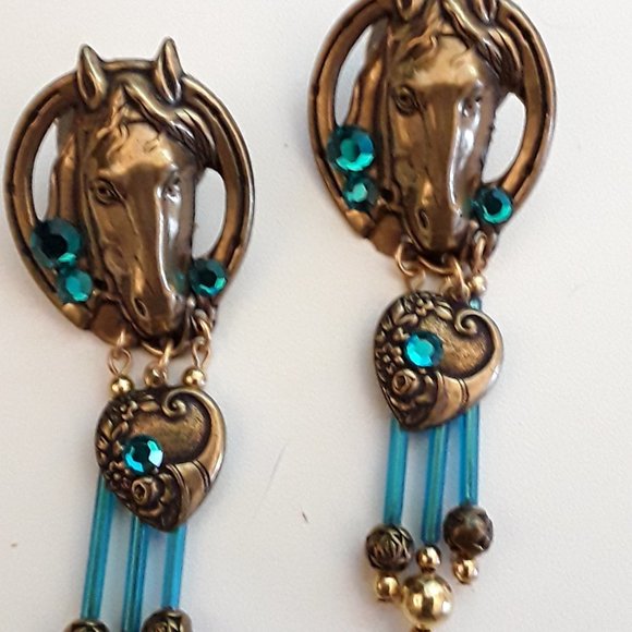 Rodeo Western Antiqued Brass Horse Head Dangle & Bling Post Earrings - Picture 2 of 4